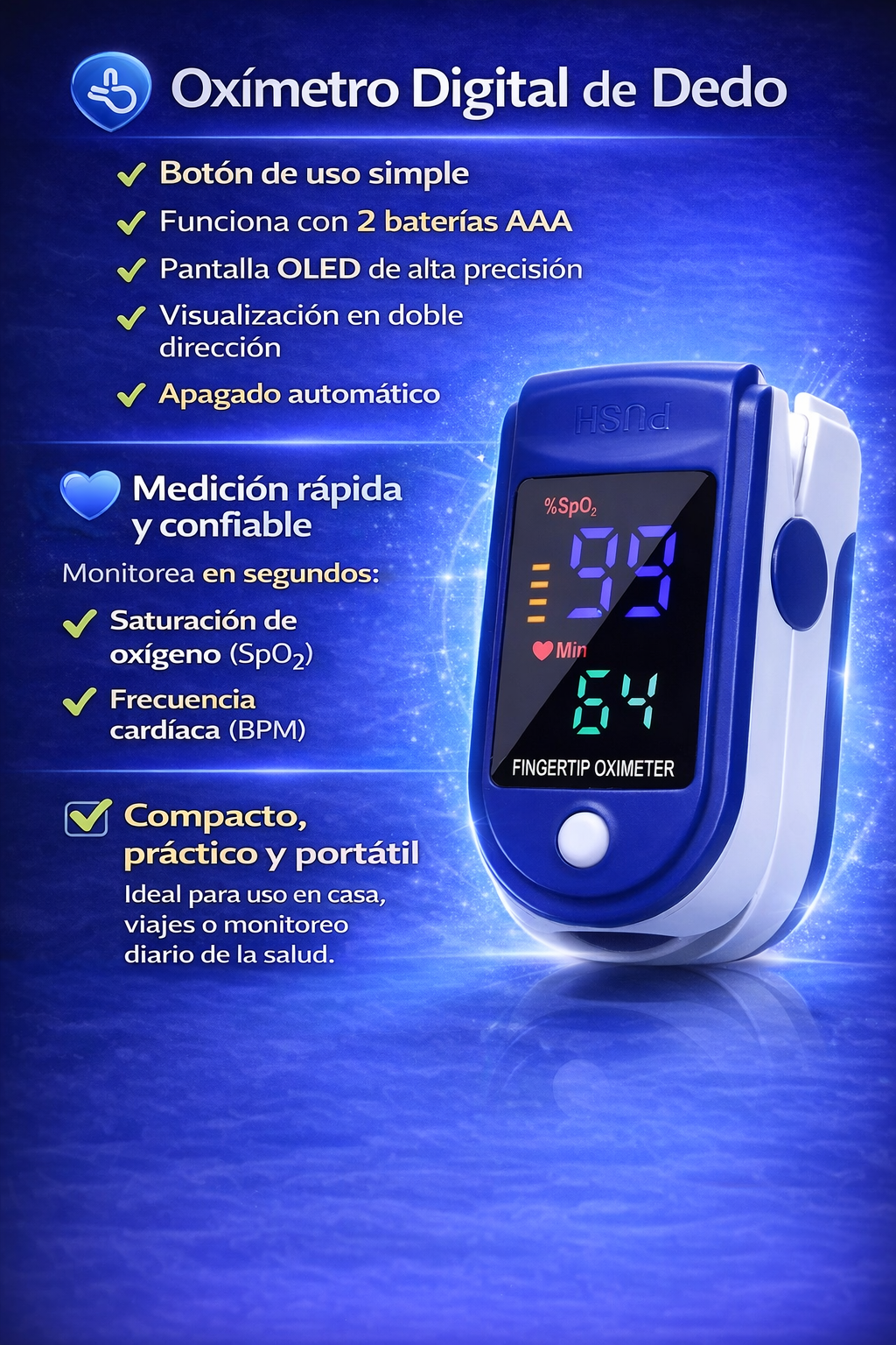 Oxímetro Digital Pro | Medición de Oxígeno y Pulso en Segundos