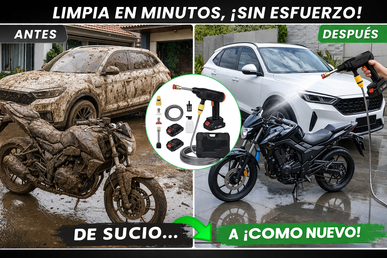HydroJet Pro 48V – Hidrolavadora Inalámbrica Potente con 2 Baterías | Limpia tu Auto y Hogar en Minutos
